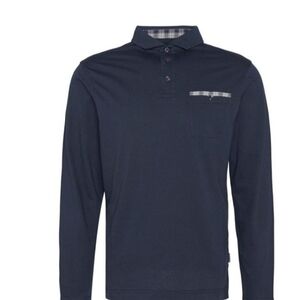 Barbour Navy Long-Sleeve Polo with Plaid Trim